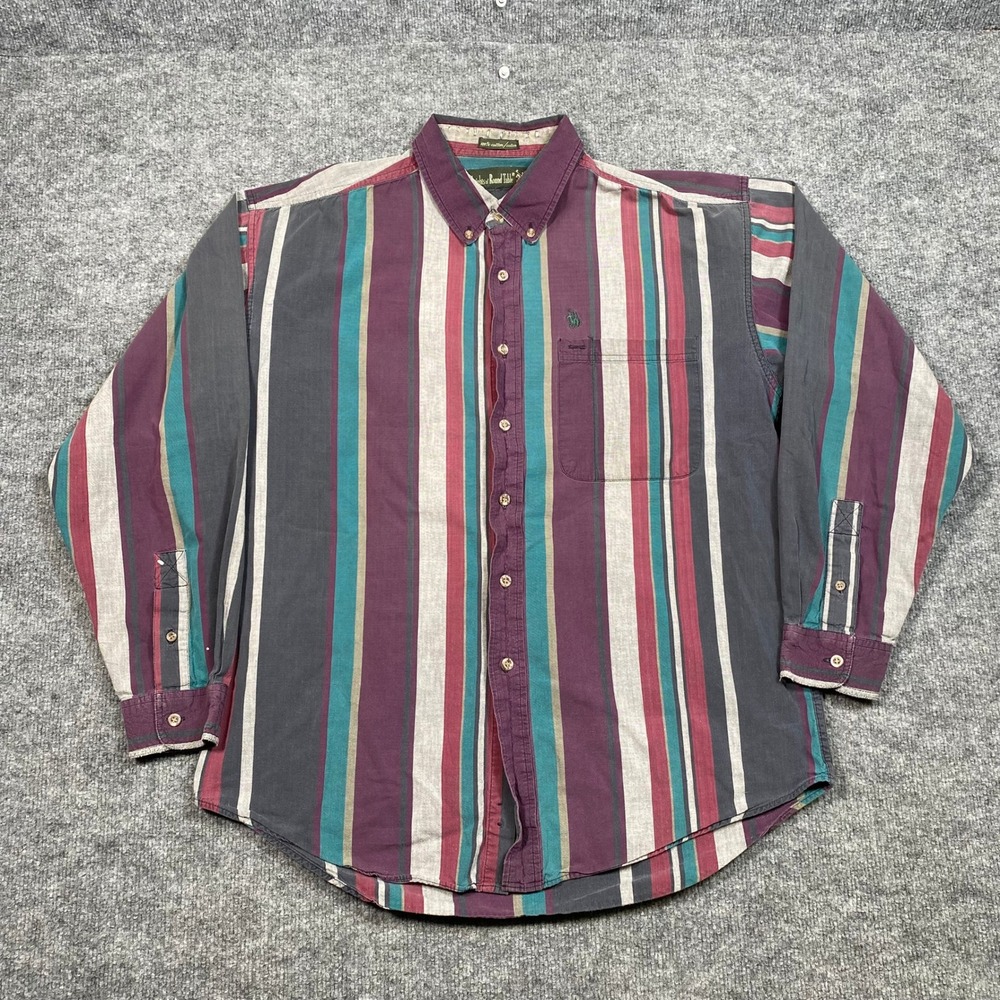 Knights of Round Table Mens Striped Button Down Shirt Purple Teal Cotton L